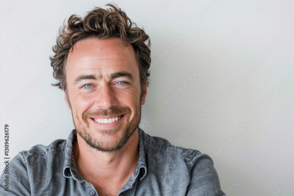 Portrait of a happy caucasian man in his 30s smiling at the camera while standing against white background Portrait of a happy caucasian man in his 30s smiling at the camera while standing against white background