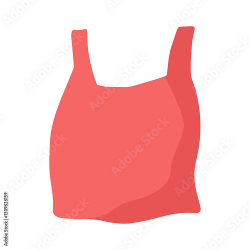 Crumpled plastic red bag icon. Disposable polyethylene shopping sack with handles. Empty package isolated symbol. Wrinkled, lightweight, used supermarket pack. Environmental pollution sign concept.