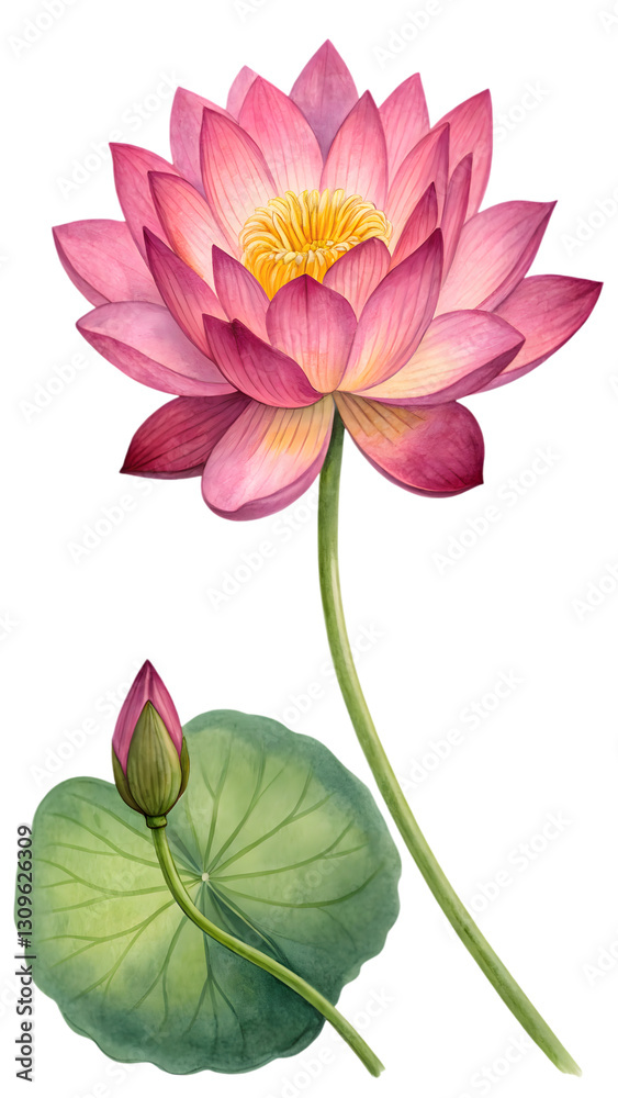 Obraz premium Blooming Lotus Elegance: A captivating portrayal of a lotus flower in full bloom, showcasing its delicate petals in shades of pink and a vibrant yellow center.