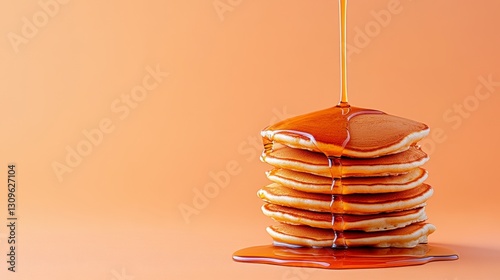 Golden Pancakes with Syrup Drizzle on Orange Background