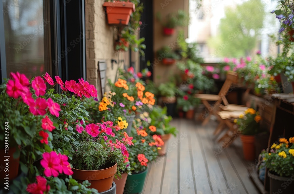 Naklejka premium Vibrant Flowering Plants Adorning a Cozy Balcony with Colorful Petunias, Geraniums, and Lush Greenery in a Serene Outdoor Space