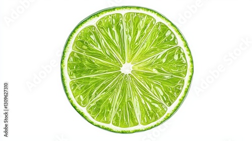 A vibrant green lime slice against a pristine white background showcasing its juicy interior and freshness