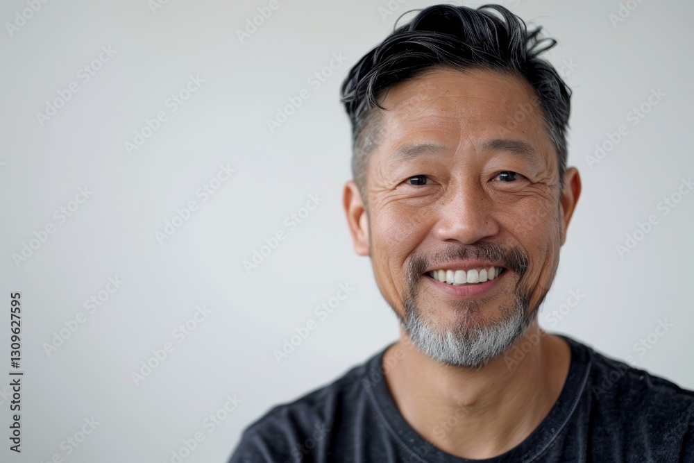 Portrait of a smiling asian man in his 30s smiling at the camera isolated on white background