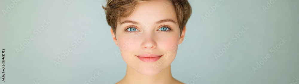 Young woman with short hair smiling against a soft background during a portrait session Young woman with short hair smiling against a soft background during a portrait session