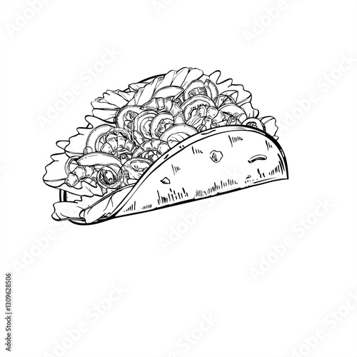 Tacos filling with vegetables, shrimps, salad leaves vector illustration in black and white. Corn tortilla wrap food etching drawing. Traditional Mexican take away burritos sketch for menu design