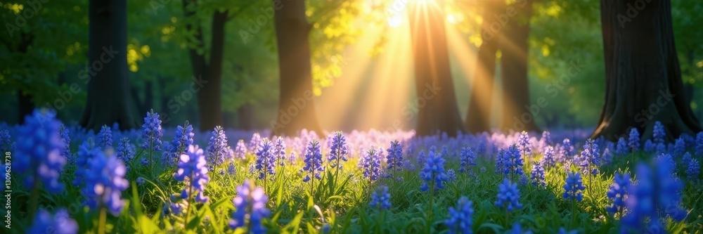 Obraz premium Sun rays pierce dense bluebell canopy, ethereal glow, trees, dawn, vibrant
