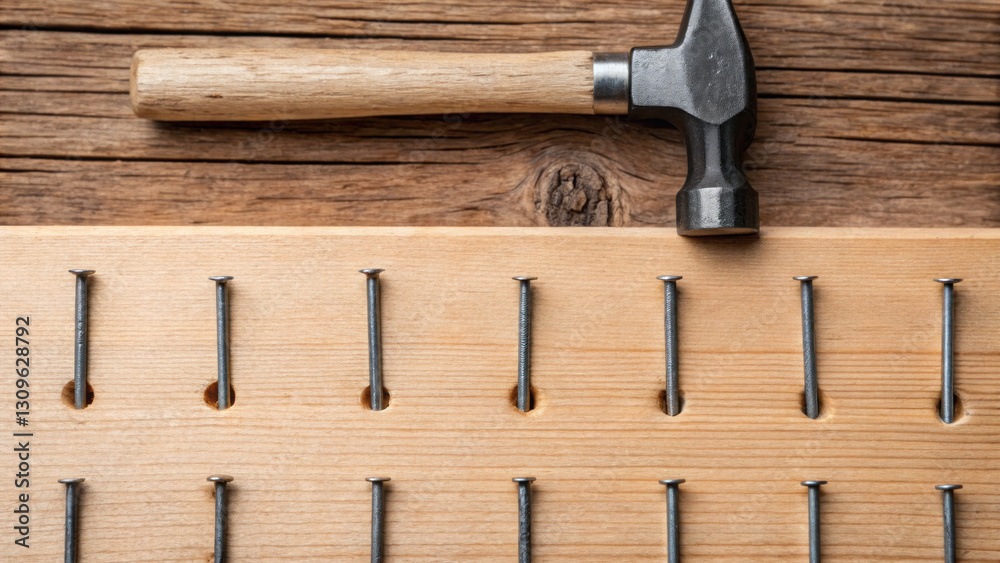 hammer resting on wooden board with bent nails, showcasing craftsmanship hammer resting on wooden board with bent nails, showcasing craftsmanship