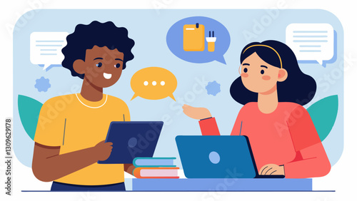 Two students roleplaying a conversation using inclusive language and avoiding discriminatory language in digital communication.. Vector illustration