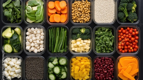 A large assortment of vegetables and fruits are displayed in clear containers