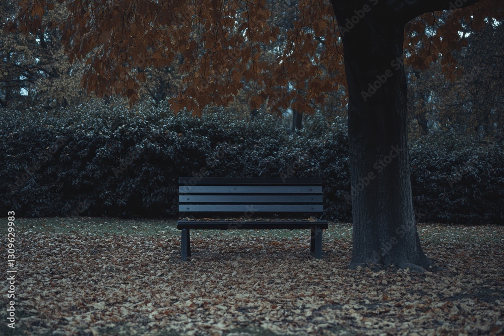 Solitary bench under a tree surrounded by fallen leaves in a peaceful park during soft autumn light Generative AI Solitary bench under a tree surrounded by fallen leaves in a peaceful park during soft autumn light Generative AI