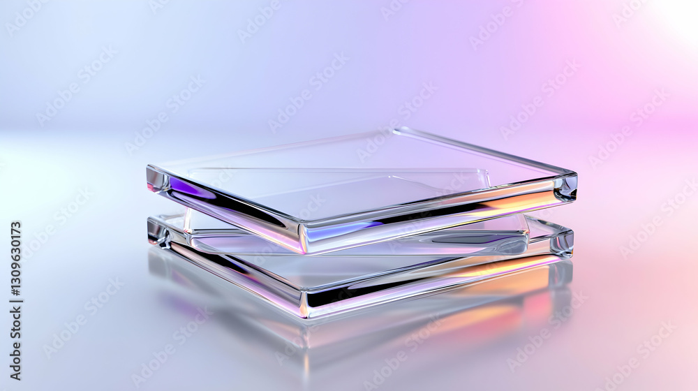 Two Stacked Transparent Glass Squares Reflecting Light on a Smooth Surface Two Stacked Transparent Glass Squares Reflecting Light on a Smooth Surface