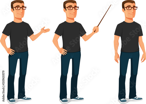 smiling young man with glasses wearing jeans, friendly teacher giving lecture or presentation using a pointer. Cartoon character. Isolated on white.