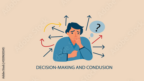 Quadro su tela A confused man with multiple arrows and a question mark, symbolizes indecision, problem-solving, or mental stress