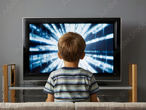 Captivated by the Screen: A young boy absorbed in the vibrant glow of a television set, reflecting a moment of childhood wonder and entertainment.