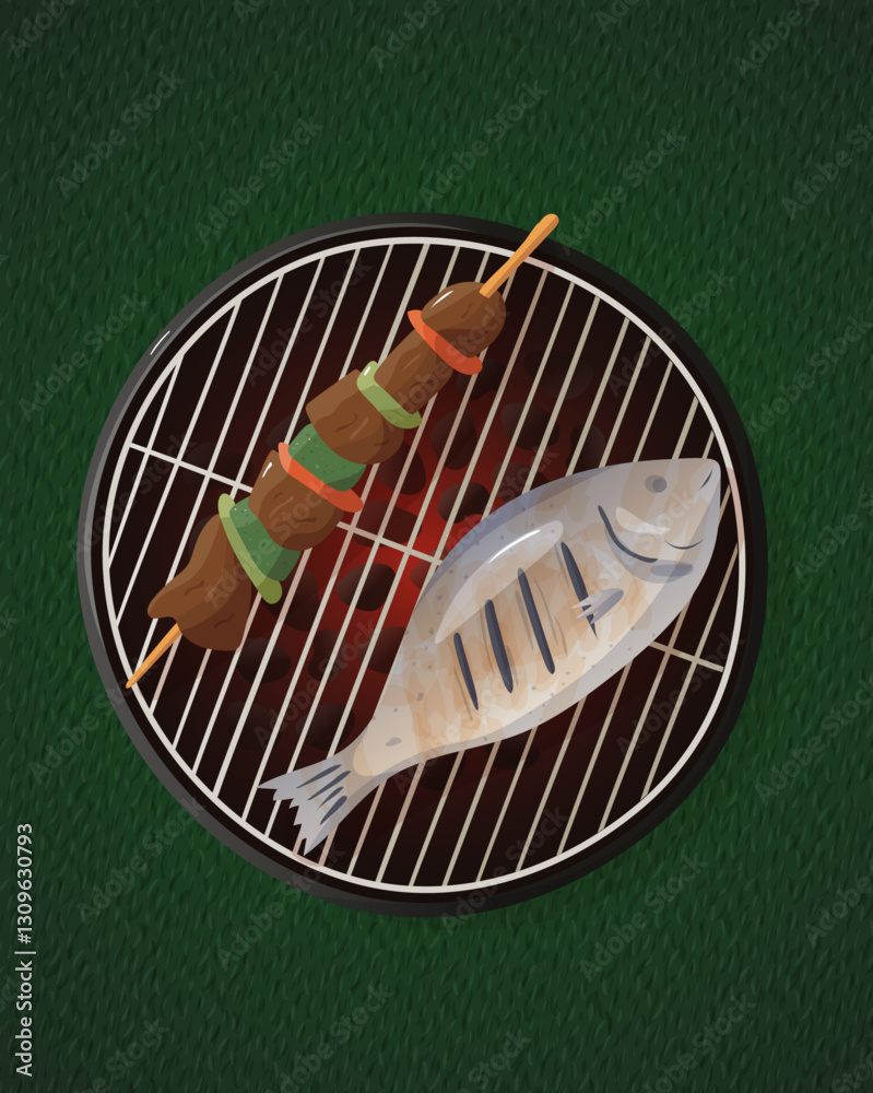 Illustration vectorielle d'un barbecue : poisson et brochette, vue du dessus