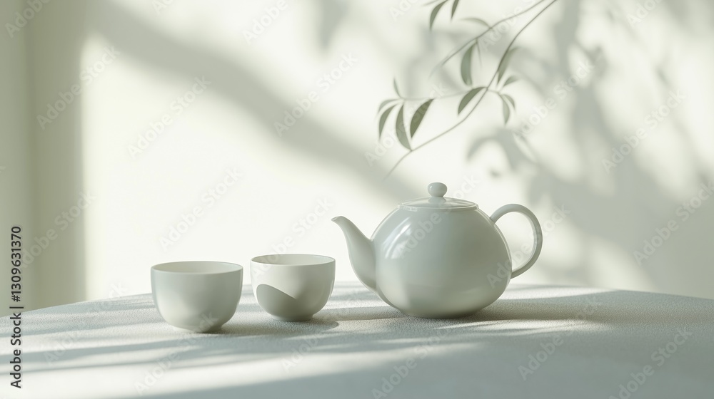 White teapot and two cups on a table. the table is covered with a white tablecloth and there is a plant with green leaves on the right side of the image. White teapot and two cups on a table. the table is covered with a white tablecloth and there is a plant with green leaves on the right side of the image.