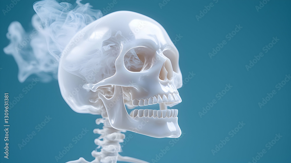 White Skull Silhouette with Rising Smoke Against a Teal Background White Skull Silhouette with Rising Smoke Against a Teal Background