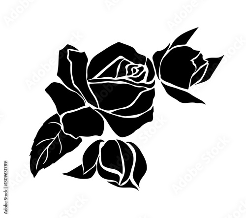 Black silhouettes of decorative rose. Monochrome hand drawn flowering plant with rose buds and leaves. Design element for wedding invitation. Flat vector illustration isolated on background