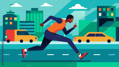 The runner weaves in and out of virtual traffic testing their speed and agility in a highspeed chase through the virtual streets.. Vector illustration