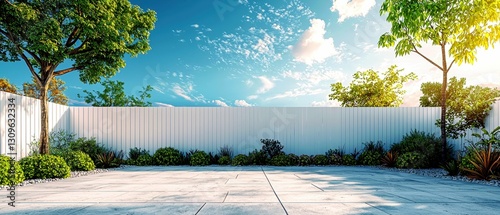 Serene Backyard Oasis with White Fence Under a Bright Blue Sky Scenery on a Sunny Day View photo