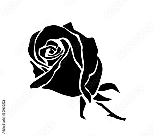 Black silhouettes of decorative rose. Bud of beautiful blooming rose with unopened petals, stem and leaves. Hand drawn flower. Design element for print. Flat vector illustration isolated on background