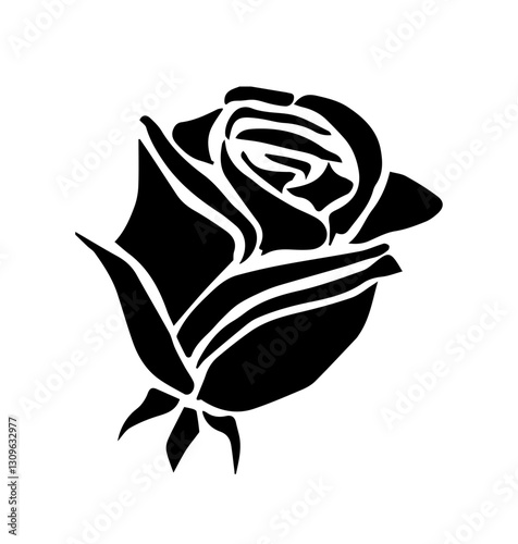 Black silhouettes of decorative rose. Monochrome hand drawn icon of blooming plant bud or garden rose. Design element for wedding invitation. Flat vector illustration isolated on background