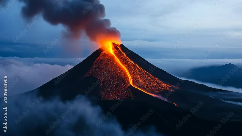 A volcano with a large fire spewing out of it