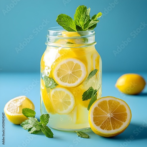 a refreshing lemonade spritz in a mason jar, garnished with fresh lemon slices and a sprig of mint. set against a pastel blue background, this vibrant drink embodies summer vibes and freshness.