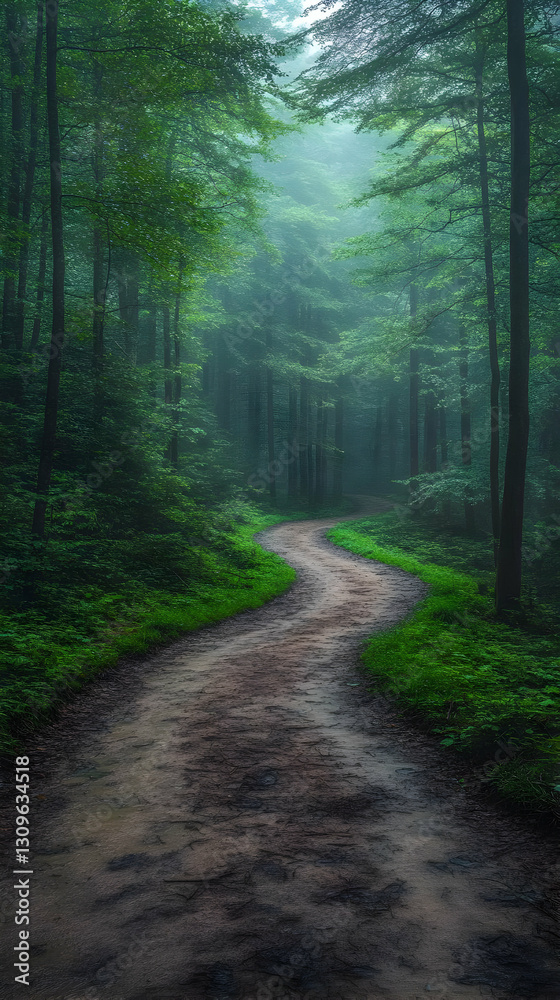 Misty Forest Path, Green Trees, Nature Scene Misty Forest Path, Green Trees, Nature Scene