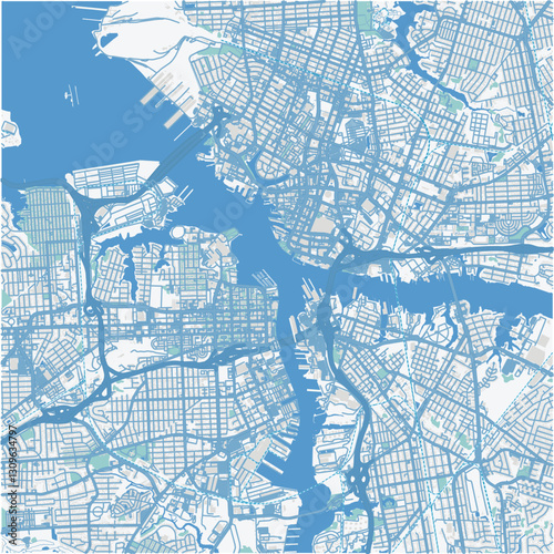 Map of Norfolk - Portsmouth Center in Virginia in a professional blue style. Contains layered vector with roads water, parks, etc.