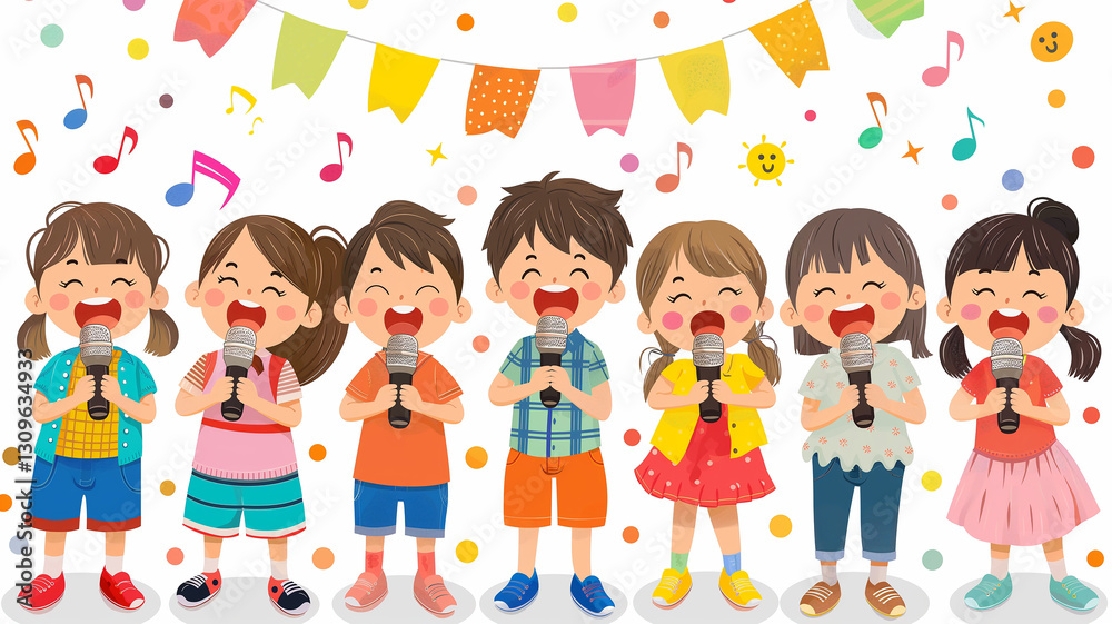This Kids joyfully sing with microphones at a lively, decorated karaoke event. This Kids joyfully sing with microphones at a lively, decorated karaoke event.