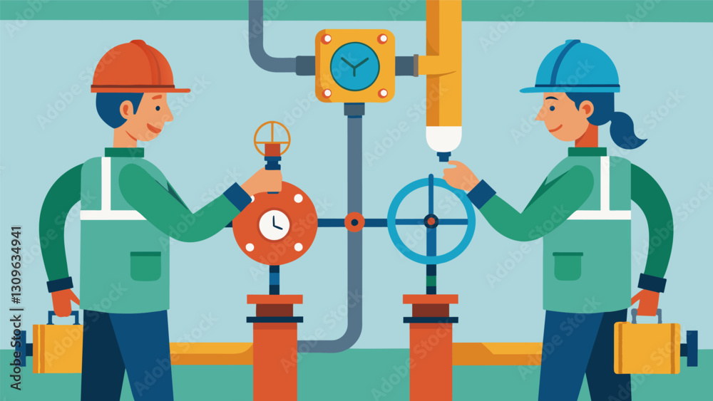 Two workers stand next to an impressive array of valves and gauges carefully adjusting pressure and flow rates to ensure a successful fracking. Vector illustration Two workers stand next to an impressive array of valves and gauges carefully adjusting pressure and flow rates to ensure a successful fracking. Vector illustration