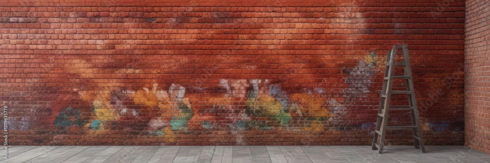Obraz premium Vibrant red brick wall with colorful mural painting, artistic expression, community, painting