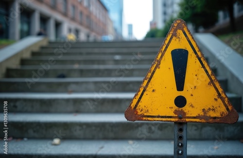 Yellow caution sign with exclamation mark at stone stairs bottom. Suggests potential danger for passersby in urban setting. Safety warning on city street indicates hazard, demands vigilance,