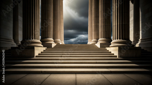 Majestic courthouse stairs lead up to large legal columns under dramatic skies