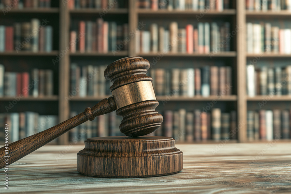 Gavel on Wooden Table with Classic Law Books in Background Gavel on Wooden Table with Classic Law Books in Background