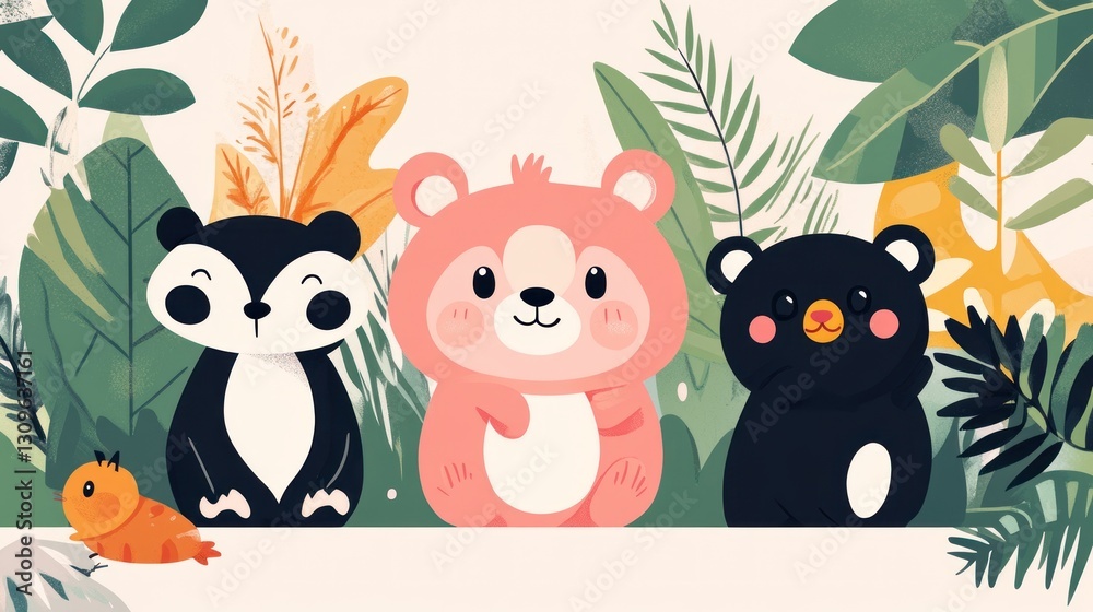 Fototapeta premium Three adorable cartoon bears and an orange critter stand together