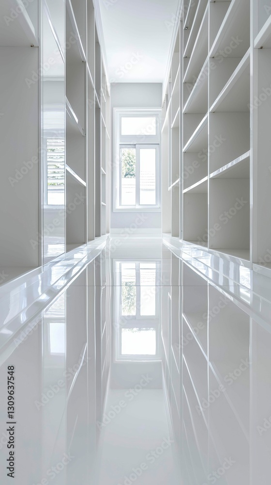 White Shelves Storage System and Window Reflection Displayed on the Floor Corridor Aesthetic