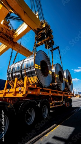 Steel Rolls Secured on a Trailer Being Lifted by a Crane in a Metal Industry Transport Operation