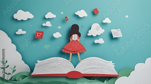 Imaginative paper cut of a young girl sitting atop a giant open book gazing upwards at a sky filled with colorful educational symbols and whimsical cloud formations