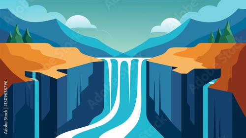 Waterfalls cascade down the mountainside representing the flow of emotions and the need to maintain control and detachment in the face of adversity.. Vector illustration