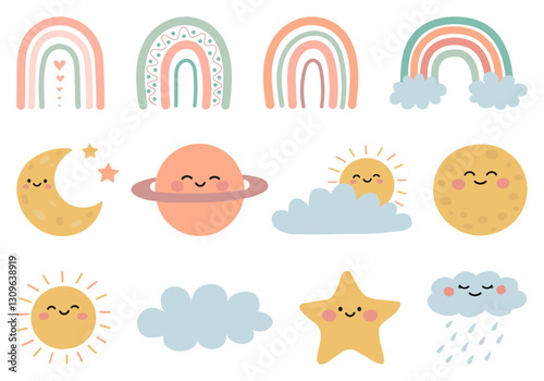 Cute weather elements in boho style. Weather icons set for kids isolated on white background. Scandinavian rainbow, crescent moon, star, moon, sun, cloud, planet, rain cloud. Vector illustration.