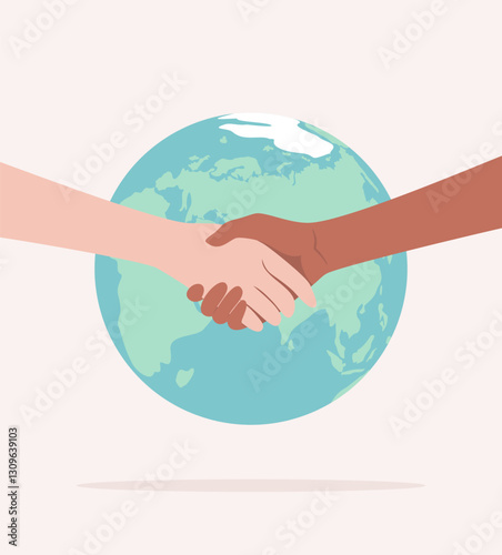 Handshake of two hands of people of different nationalities and skin tones on the background of the Earth globe. Flat vector illustration