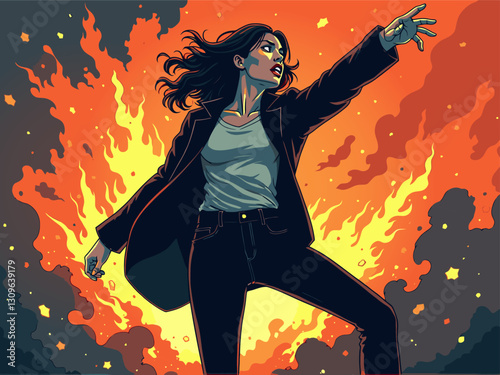 A comic book female character with a background of flames, indicating danger or a major event.
