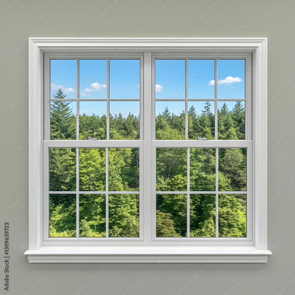White Window Frame, Lush Forest View 3D Illustration White Window Frame, Lush Forest View 3D Illustration