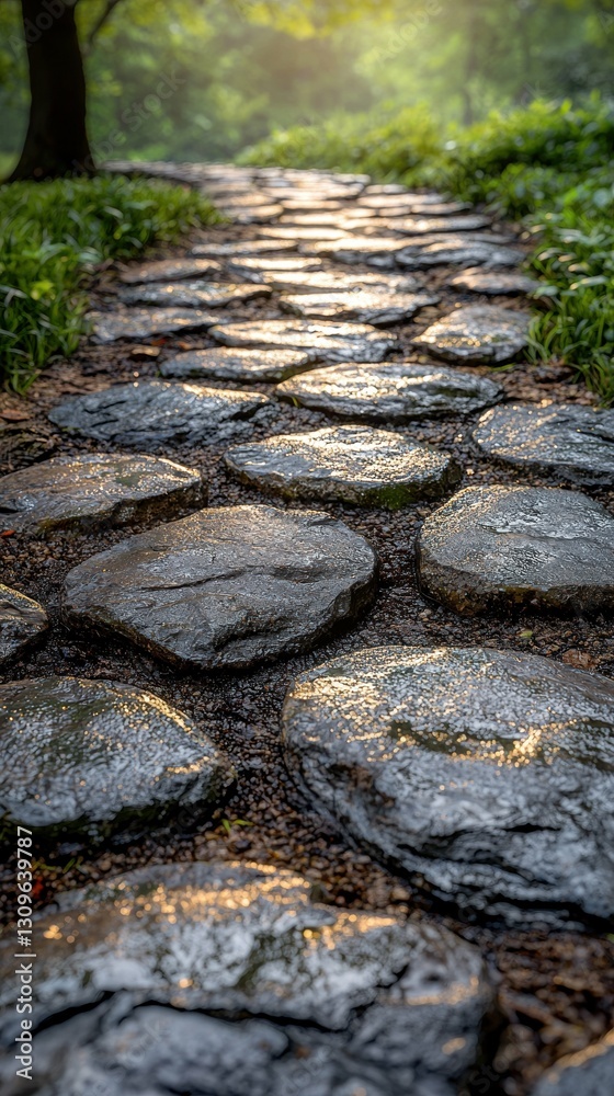 Stone Path in Garden at Dawn Sunlight and Shadow Play Serene Pathway Through Greenery Outdoors Stone Path in Garden at Dawn Sunlight and Shadow Play Serene Pathway Through Greenery Outdoors