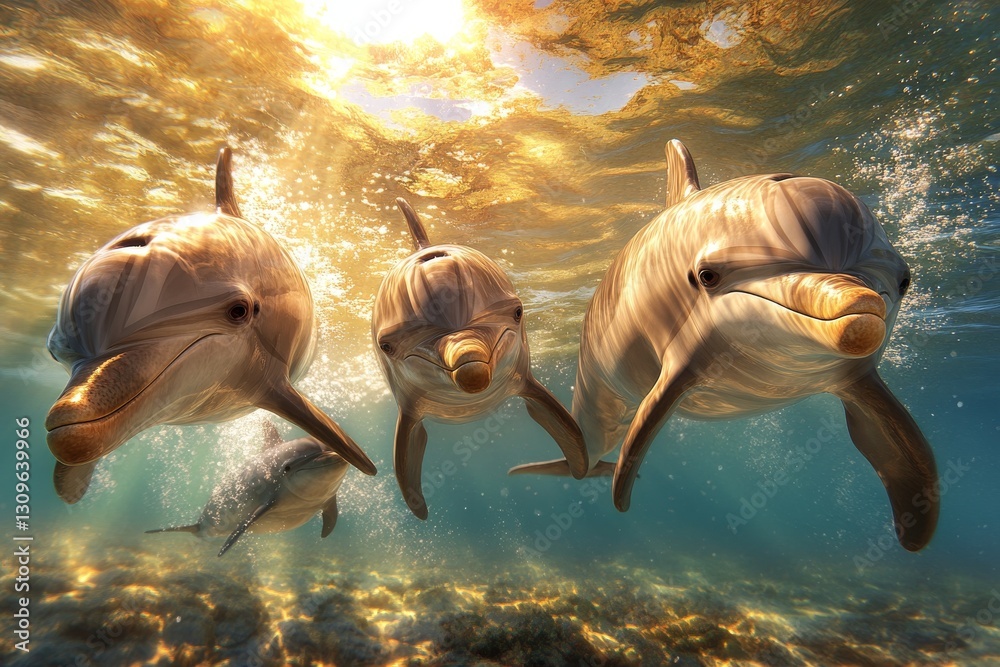 Group of Dolphins Swimming Together in Sunlit Ocean