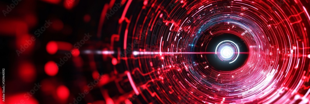Obraz premium Red Halo Wing Tunnel - A swirling red and black circular tunnel, symbolizing technological advancement, transformation, virtual reality, infinite possibilities