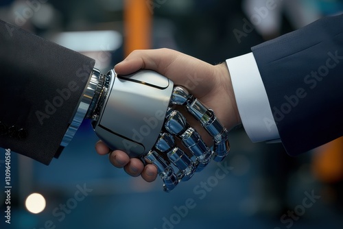 Close-Up of Robotic Hand Shaking Human Hand in a Modern Technological Context