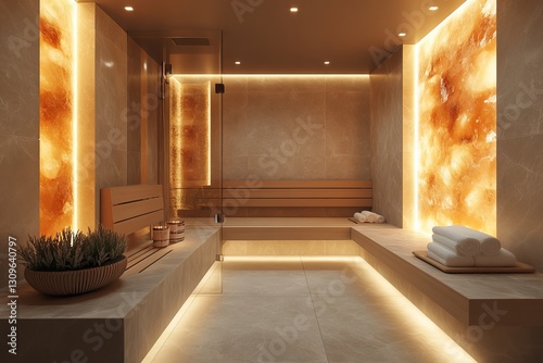 Luxurious sauna interior with himalayan salt wall and mood lighting